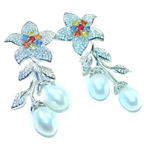 Precious white freshwater Pearl multicolor Sapphire .925 Sterling Silver handcrafted earrings