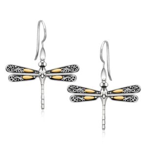 18k Yellow Gold and Sterling Silver Dragonfly Motif Drop Earrings