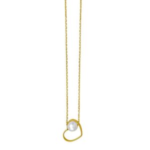 Open Heart and Pearl Necklace in 14K Yellow Gold